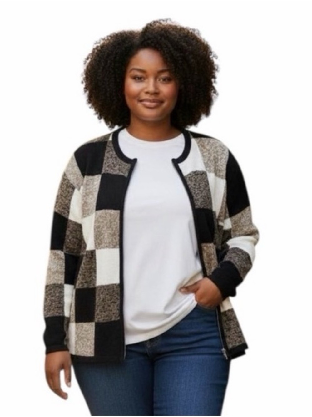 Dressbarn Full Zip Checkered Knit Sweater with Earth Tones Colorway size 18/20